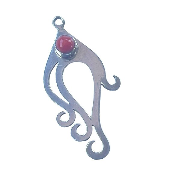 Handmade Silver Bird Pendant with Red Jasper Gemstone Accent Vintage Jewelry - Picture 3 of 6